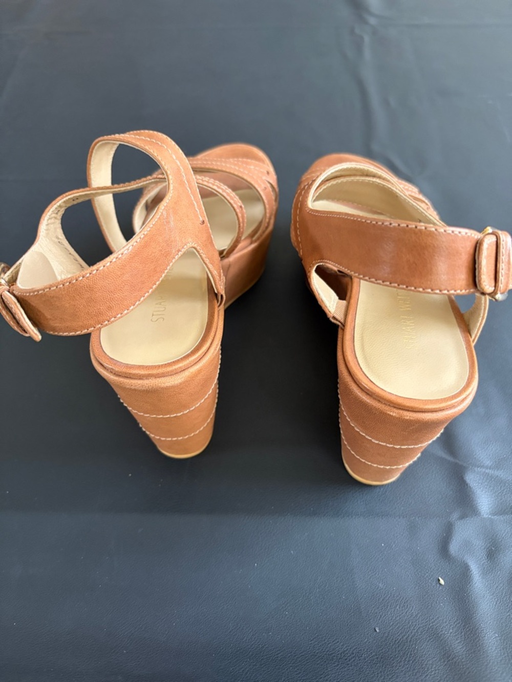 Stuart Weitzman Cognac Leather Strappy Wedge Sandals Size 8M - Picture 4 of 8